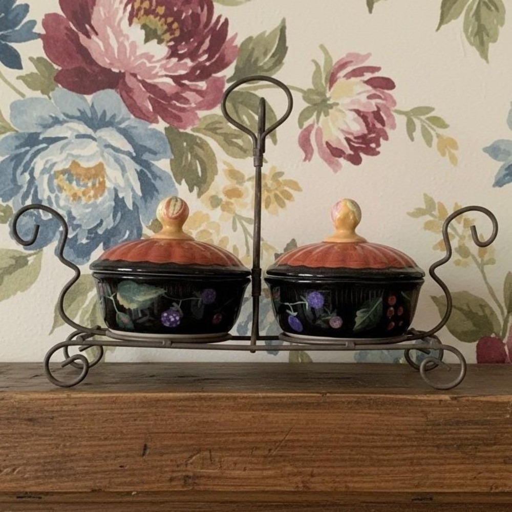 Ceramic Lidded Pots on Metal Stand, Decorative Candle Holders, Five Piece Set